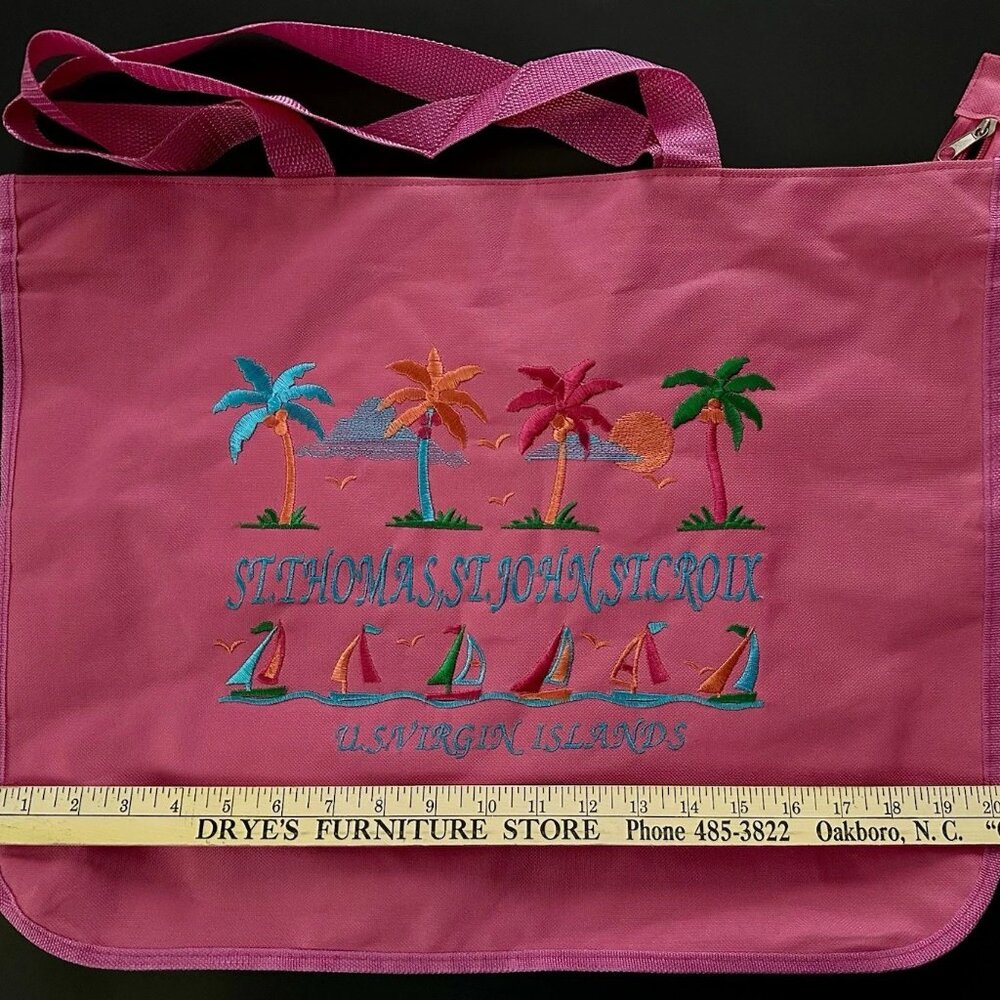 Beach Tote St. Thomas U.S.V.I. Bag Pink Embroidered Tropical Print Large